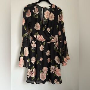 Charlotte Russe Bell Sleeve Black Dress with Pink Floral Design, Size Small